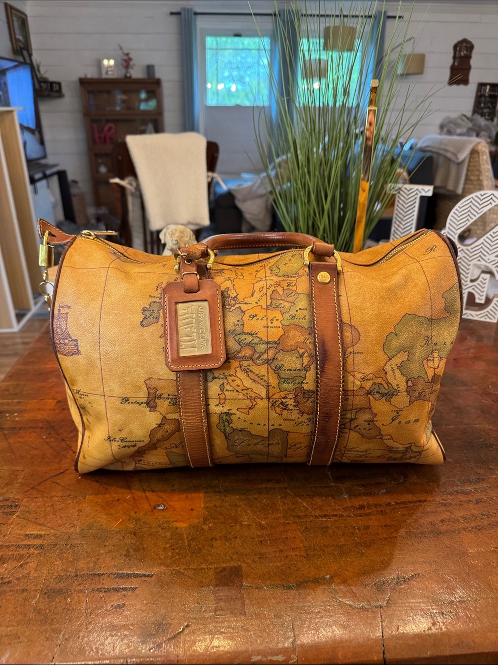 Alviero Martini Brown Tan Vintage Map Print Duffel